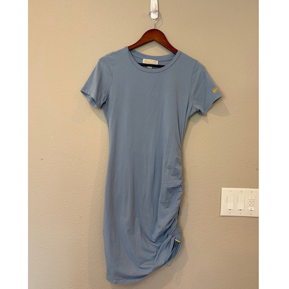 Michael Kors Ruched Side T-Shirt Dress Medium Light Blue Adjustable Drawstring